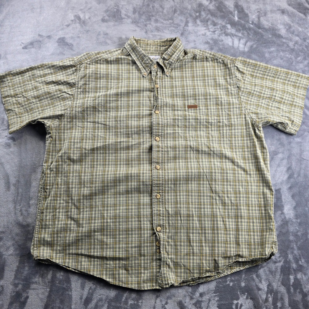 Carhartt Button Down Shirt Mens 2XL Green Plaid‎ Short Sleeve Cotton Workwear
